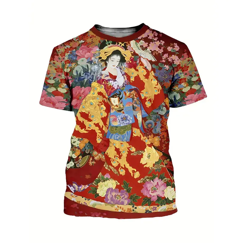 Japan Geisha 3D Print T-shirt Men's Harajuku Street Clothes Short Sleeve T Shirts 3D Print Vintage Trend Unique Design New Tee