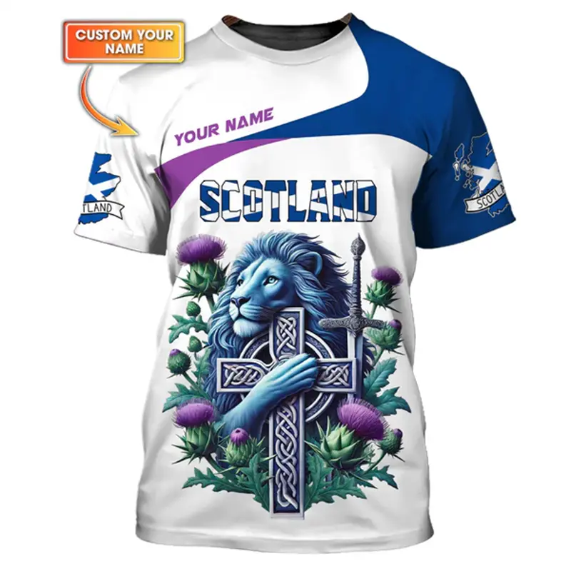 Scotland Custom Name T-shirt For Men's Clothing Short Sleeve T Shirts Striped Plaid Lion Pattern Daily Casual Oversized Tee Top