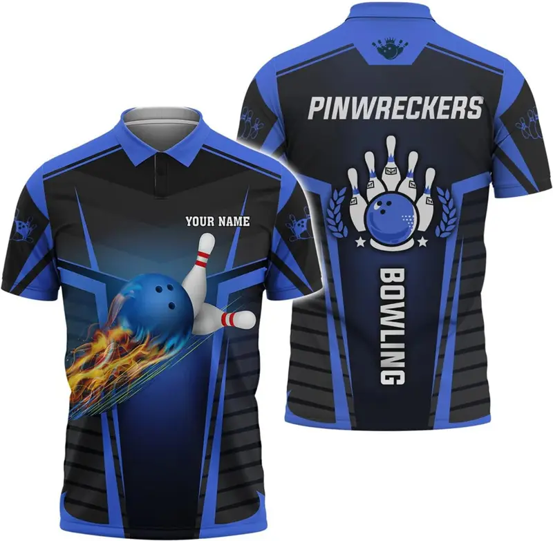 Custom Bowling Team Name Personality Men's Polo Shirts Breathable Sport Short Sleeve Golf Shirts Cool 3D Print Flame Men's Top