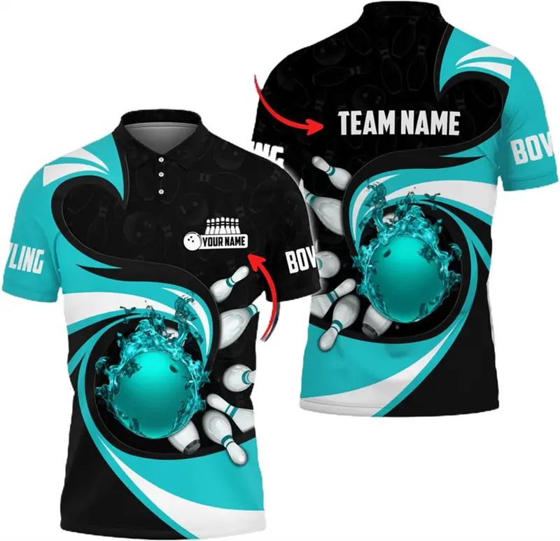 Custom Bowling Team Name Personality Men's Polo Shirts Breathable Sport Short Sleeve Golf Shirts Cool 3D Print Flame Men's Top