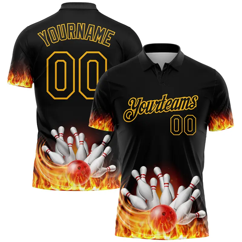 Custom Bowling Team Name Personality Men's Polo Shirts Breathable Sport Short Sleeve Golf Shirts Cool 3D Print Flame Men's Top