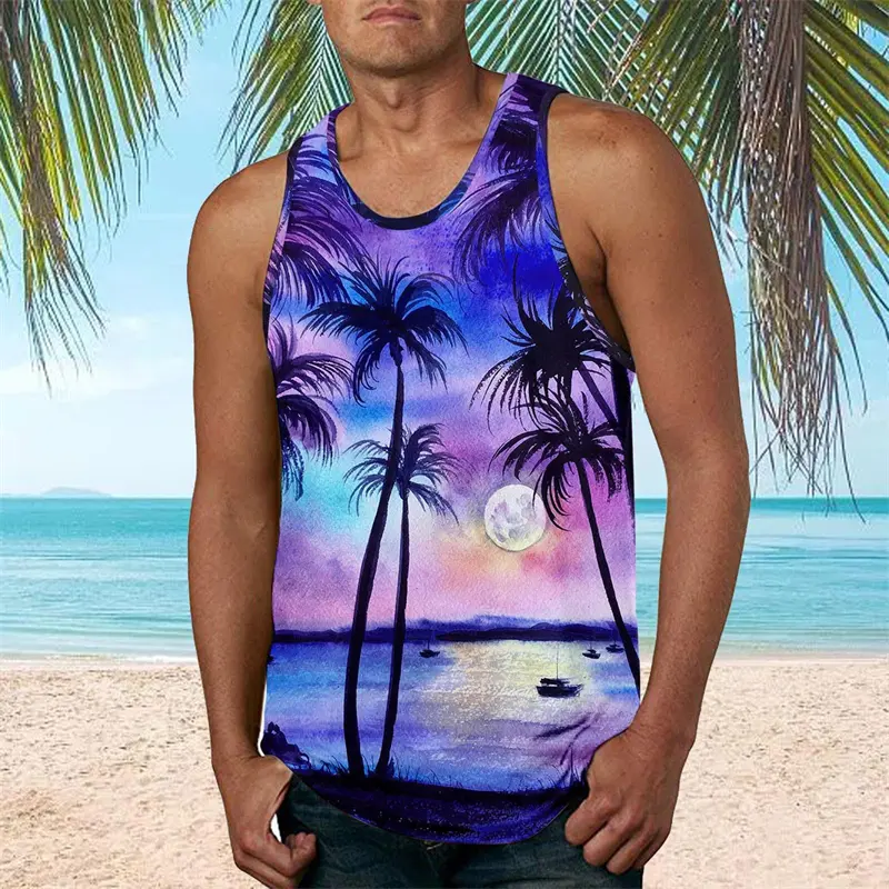 Hawaii Dusk Print Tank Top Men's Clothing Palm Tree Pattern Vacation Casual Sleeveless Shirt 2025 Summer Outdoor Sport Men Vest