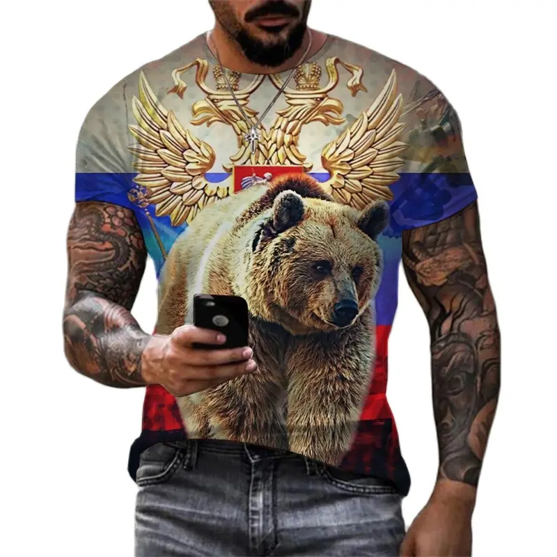 Cool Russian Bear T-shirt Men's Retro Streetwear 3d Printed Pattern T Shirts National Emblem Fashion Harajuku Hip Hop Tee Top