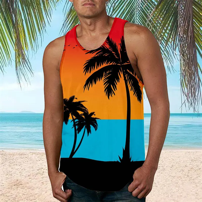 Hawaii Dusk Print Tank Top Men's Clothing Palm Tree Pattern Vacation Casual Sleeveless Shirt 2025 Summer Outdoor Sport Men Vest