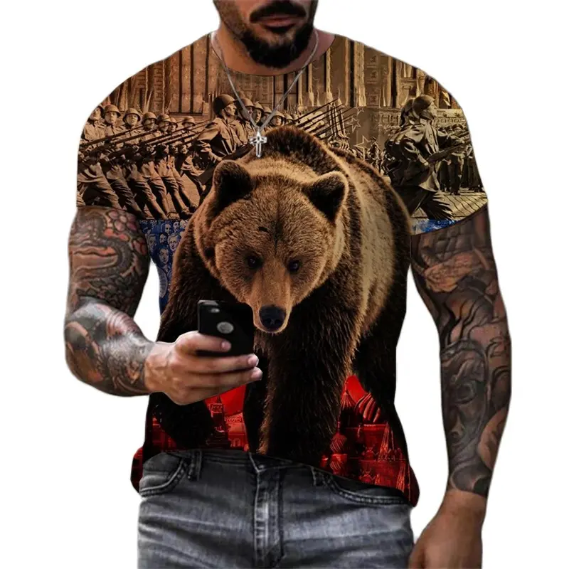 Cool Russian Bear T-shirt Men's Retro Streetwear 3d Printed Pattern T Shirts National Emblem Fashion Harajuku Hip Hop Tee Top