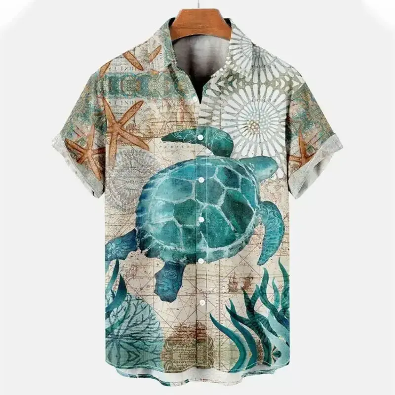 Hawaiian Casual Fashion Shirt Men's Clothing 3d Printed Leaf Lapel Button Shirts Merman Turtle Pattern Sea Beach Soft Blouse