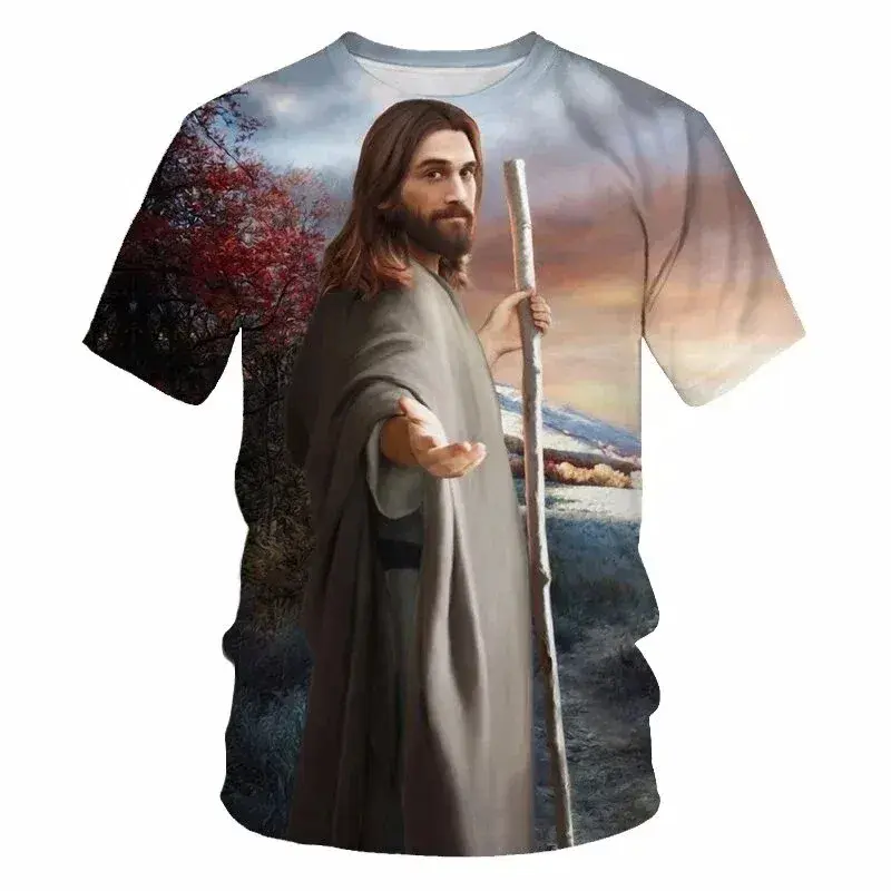 Jesus 3D Printed T-shirt Men's Clothing Round Neck Short Sleeves T Shirts Street Wear Christian Summer Casual Fashion Tops Tees