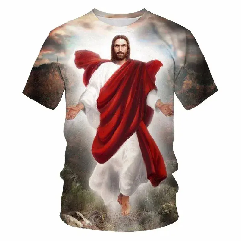 Jesus 3D Printed T-shirt Men's Clothing Round Neck Short Sleeves T Shirts Street Wear Christian Summer Casual Fashion Tops Tees