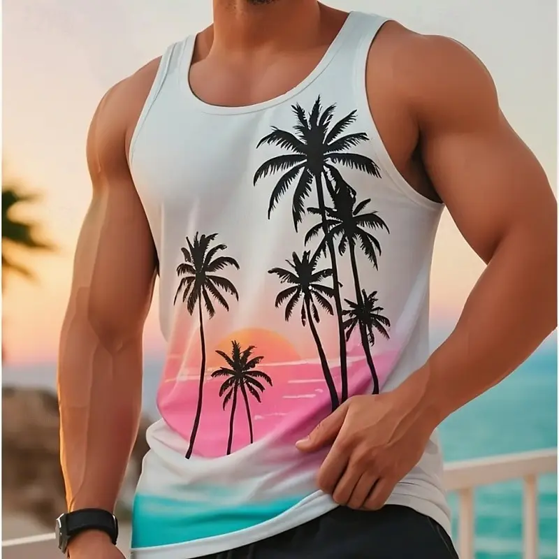 Coconut Tree Graphic Casual Funny Men Tank Top Hawaiian Travel Trend Breathable Sleeveless Top Summer Outdoor Basic Vest 2025