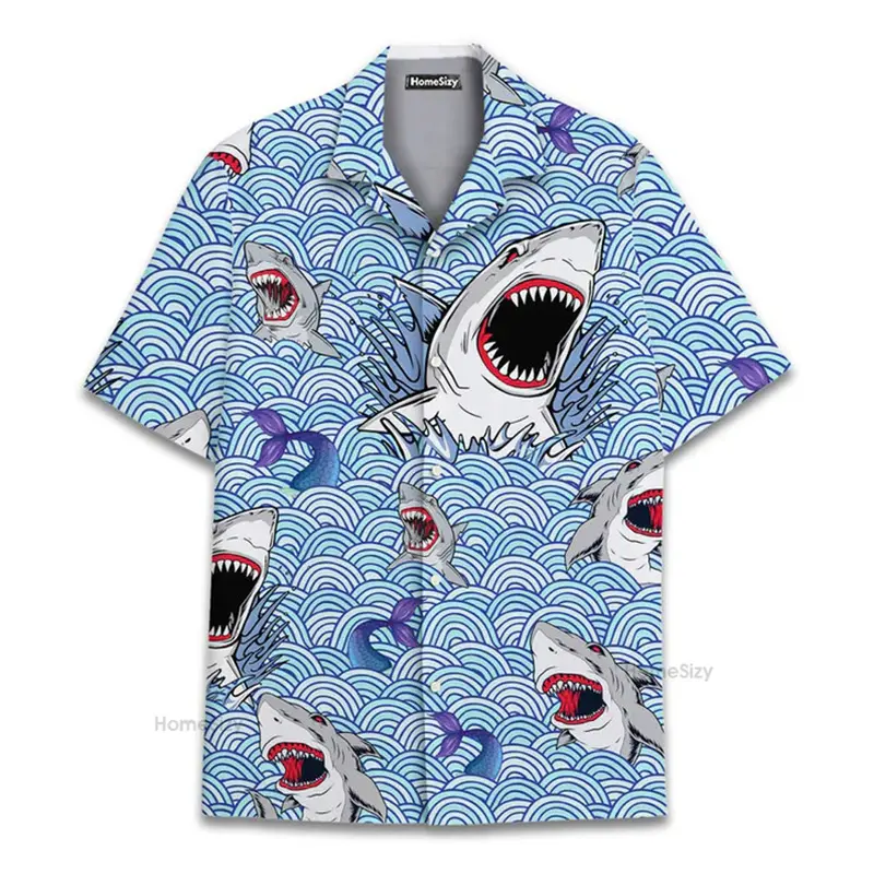 Marine Animals 3D Print Shirts Men Women Red Octopus Graphic Lapel Button Shirts Summer Casual Cartoon Shark Funny Blouse Top