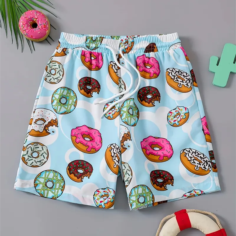 Donut Funny Casual Children Board Shorts Breathable Drawstring 3D Print Fashion Beach Shorts Summer Sport Trend Novelty Trunks
