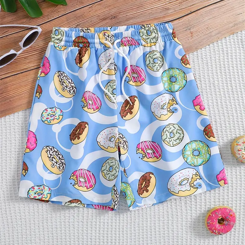 Donut Funny Casual Children Board Shorts Breathable Drawstring 3D Print Fashion Beach Shorts Summer Sport Trend Novelty Trunks