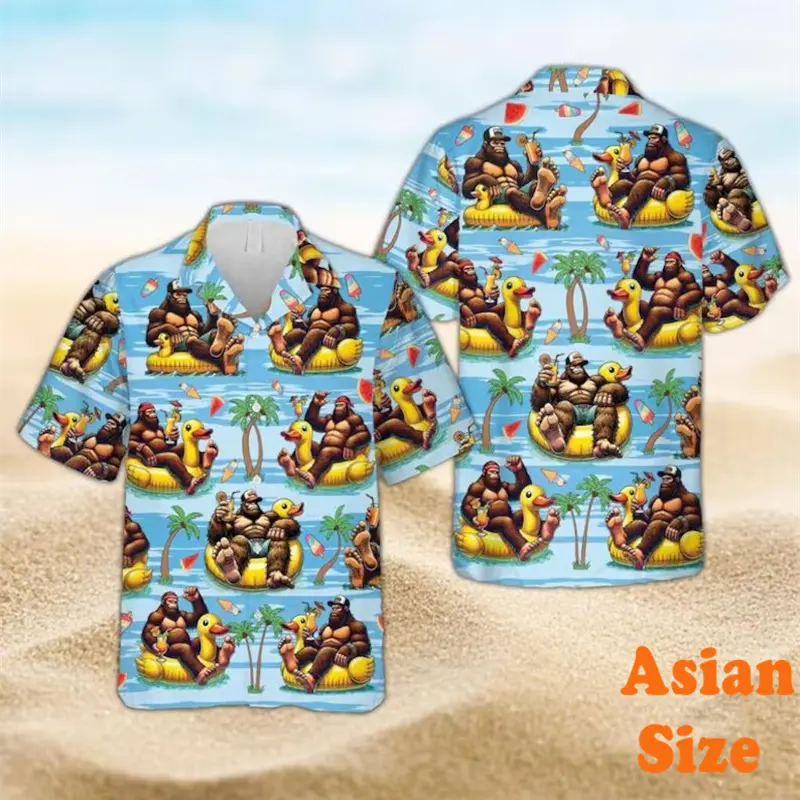 Bigfoot Flamingo Graphic Fun Hawaiian Shirts Men Personality Street Short Sleeve Shirt Vintage Leaves Vacation Gift Men's Tees