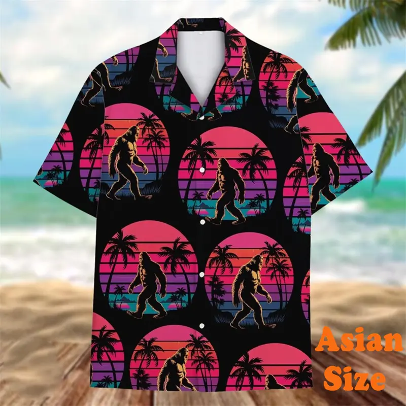 Bigfoot Flamingo Graphic Fun Hawaiian Shirts Men Personality Street Short Sleeve Shirt Vintage Leaves Vacation Gift Men's Tees