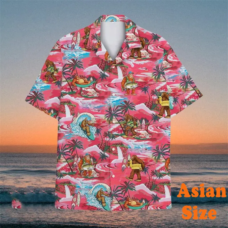 Bigfoot Flamingo Graphic Fun Hawaiian Shirts Men Personality Street Short Sleeve Shirt Vintage Leaves Vacation Gift Men's Tees