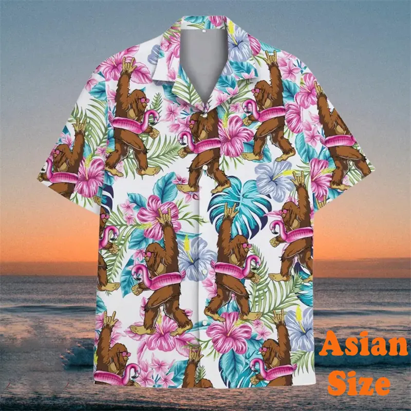 Bigfoot Flamingo Graphic Fun Hawaiian Shirts Men Personality Street Short Sleeve Shirt Vintage Leaves Vacation Gift Men's Tees