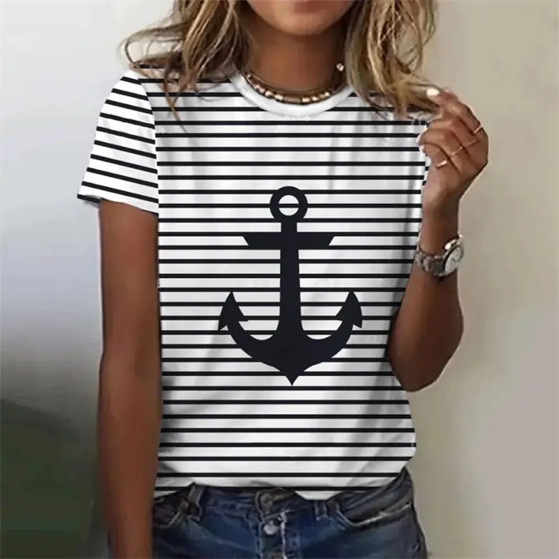 Anchor Graphic Women T-shirt Casual Design Short Sleeve Stripe T Shirts Summer Street Oversized Round Neck Female Tee Top 2025