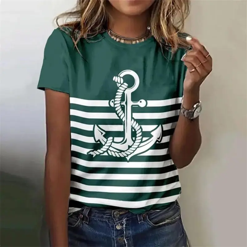 Anchor Graphic Women T-shirt Casual Design Short Sleeve Stripe T Shirts Summer Street Oversized Round Neck Female Tee Top 2025