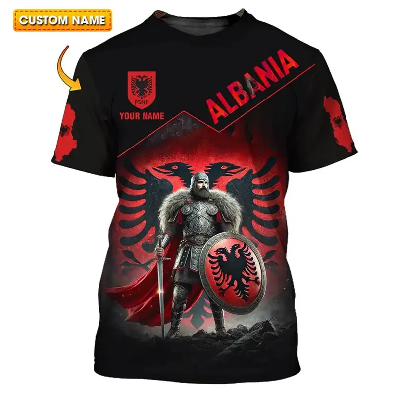 Albania National Emblem Flag T-shirt For Men's Clothing Custom Name Number Round Neck T Shirts Street Fashion DIY Customized Tee