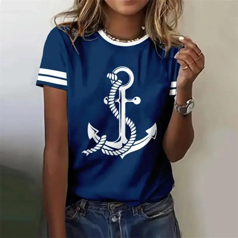 Anchor Graphic Women T-shirt Casual Design Short Sleeve Stripe T Shirts Summer Street Oversized Round Neck Female Tee Top 2025