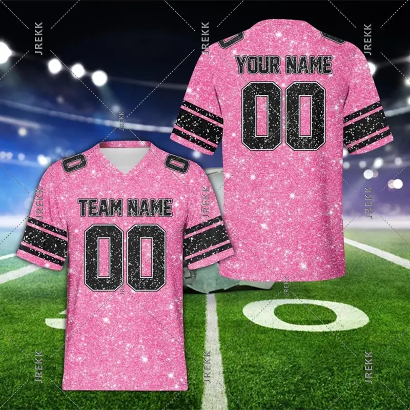 Football Jersey DIY Custom Name 3D Shiny Print Graphic V Neck Short Sleeve T-shirt Men's Clothing Personality Sport Trend Tee
