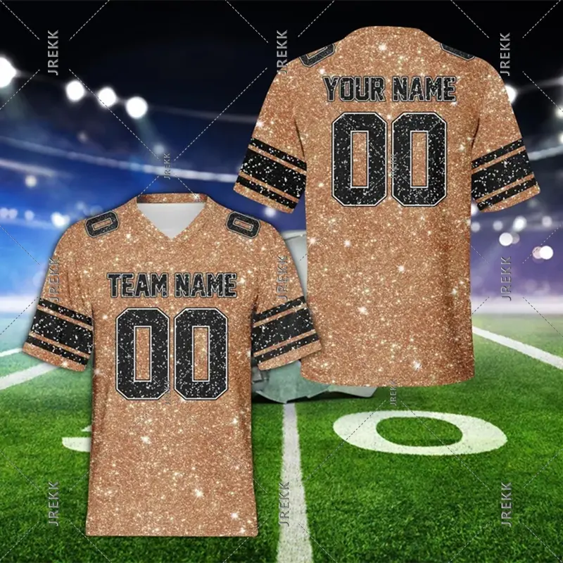 Football Jersey DIY Custom Name 3D Shiny Print Graphic V Neck Short Sleeve T-shirt Men's Clothing Personality Sport Trend Tee
