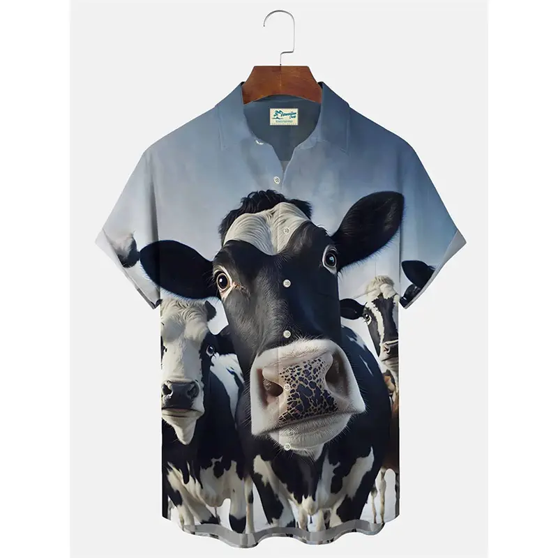 Cartoon Funny Flamingo 3D Print Shirt For Men Clothes Summer Outdoor Beach Leisure Short Sleeve Button Shirts Humour Cow Graphic