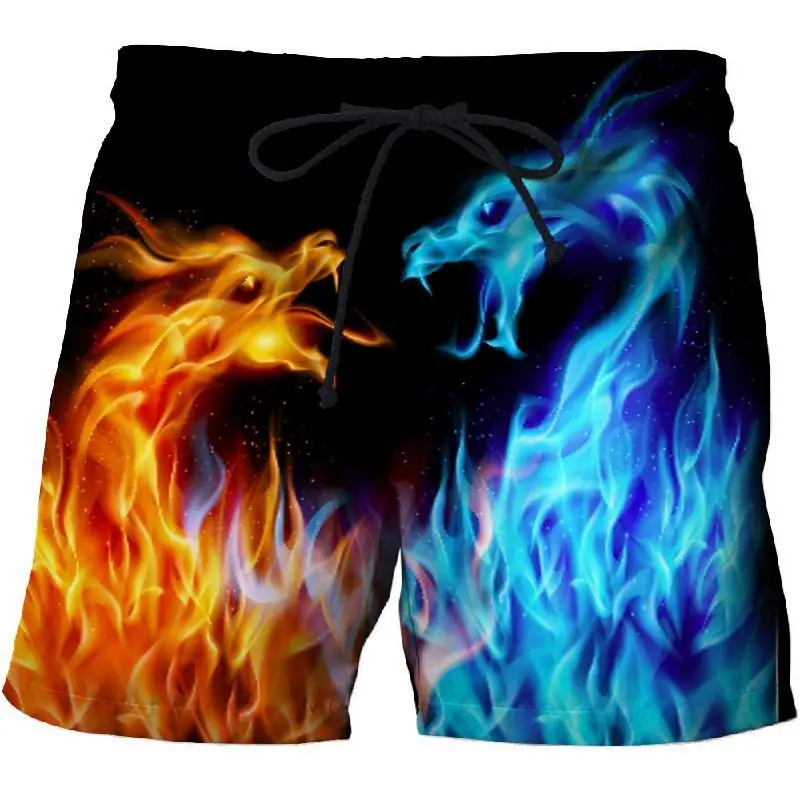 Cool Flame Print Board Shorts For Men Clothing Personality Streetwear Drawstring Swim Trunks 2025 Fashion Sports Beach Short