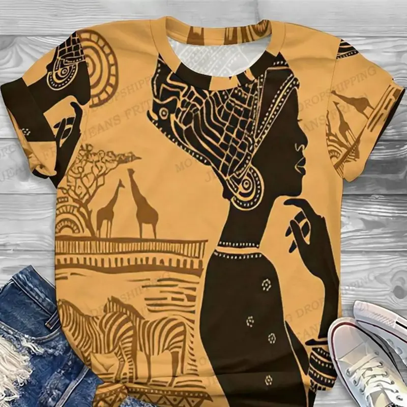 Black Girl Hip Hop Style T-shirt African Ethnic Patterns 3D Print Round Neck Casual T Shirts Stripe 2025 Summer Trend New Women