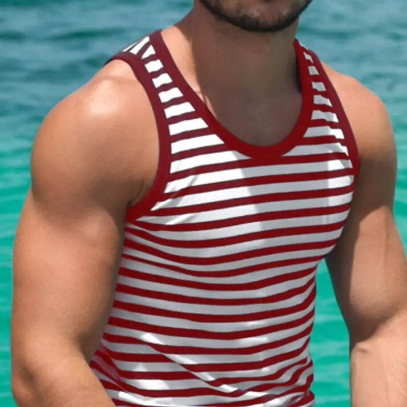 Classic Hot Sale Breathable Sleeveless T-shirt Men Clothing Simple Stripe Gym Tank Top Summer Casual Contrast Color Men's Vest