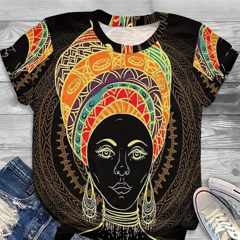 Black Girl Hip Hop Style T-shirt African Ethnic Patterns 3D Print Round Neck Casual T Shirts Stripe 2025 Summer Trend New Women