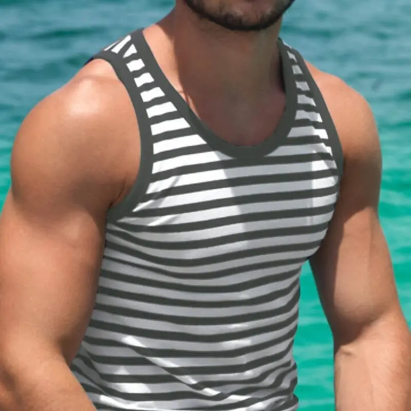 Classic Hot Sale Breathable Sleeveless T-shirt Men Clothing Simple Stripe Gym Tank Top Summer Casual Contrast Color Men's Vest