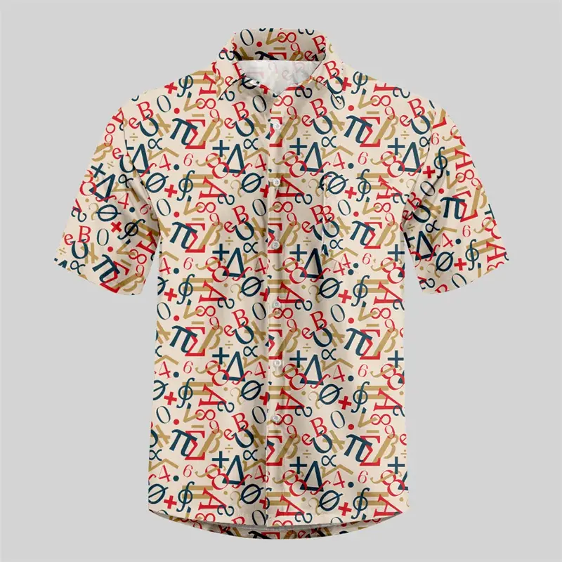 Personality Men's Shirt 3D Print Mathematical Symbols And Circuit Board Graphic Short Sleeve Lapel Shirts Summer Leisure Loose