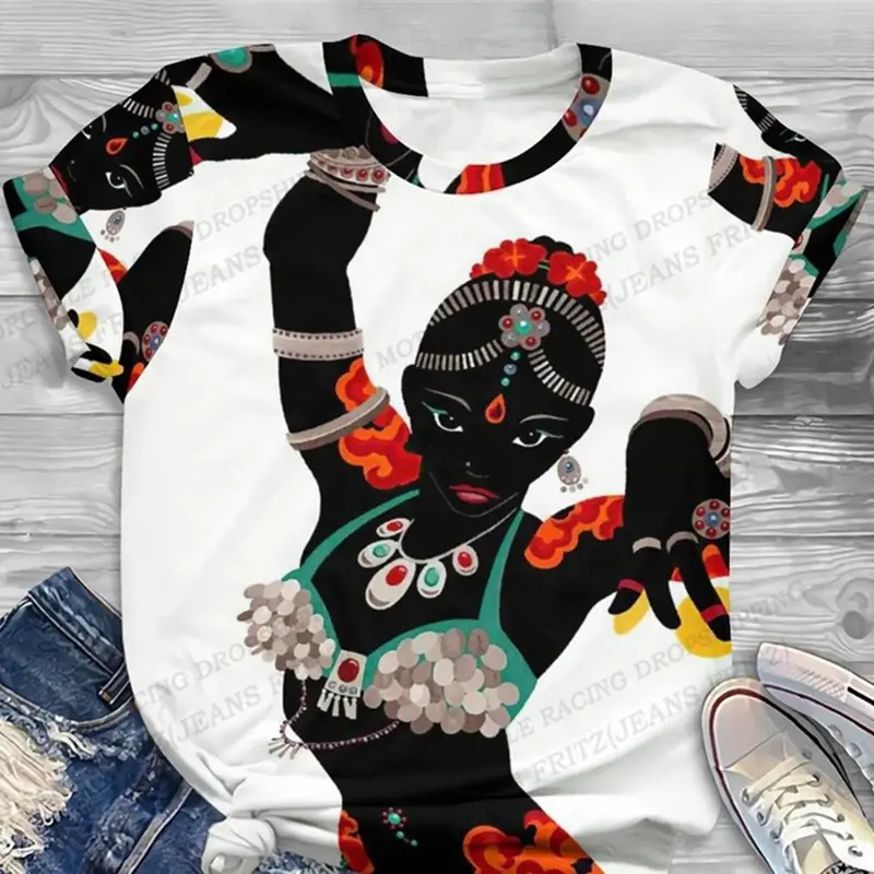 Black Girl Hip Hop Style T-shirt African Ethnic Patterns 3D Print Round Neck Casual T Shirts Stripe 2025 Summer Trend New Women