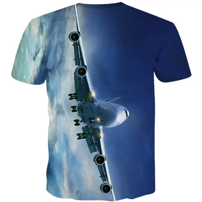 Aircraft Printing 3D Tee Shirt Cloudy Sky Pattern Oversize Round Neck T-shirt Summer New Fashion Men Clothing Comfortable Top