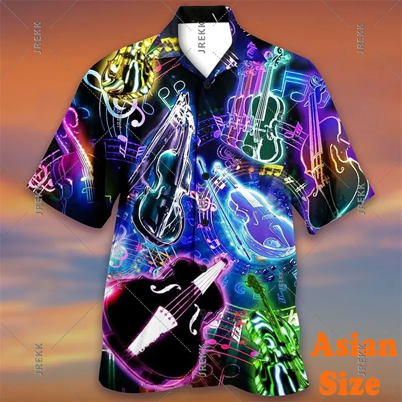 DJ Music Party Neon Print Hawaii Shirt Men's Clothing Cool Guitar Streetwear Shirts Bar Personality Trend Button Blouse 2025