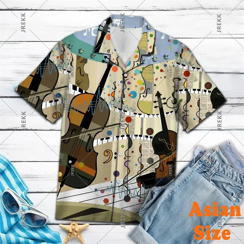 DJ Music Party Neon Print Hawaii Shirt Men's Clothing Cool Guitar Streetwear Shirts Bar Personality Trend Button Blouse 2025