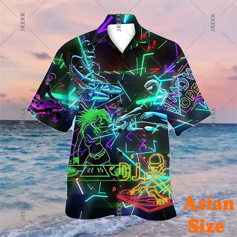 DJ Music Party Neon Print Hawaii Shirt Men's Clothing Cool Guitar Streetwear Shirts Bar Personality Trend Button Blouse 2025