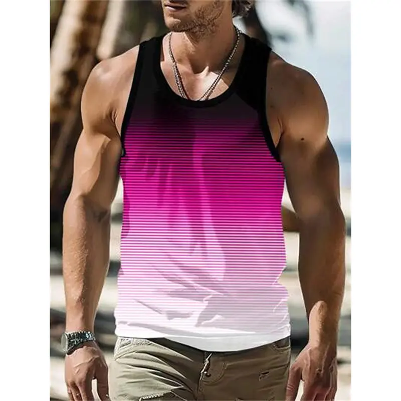 Gradient Stripe Tank Top For Men Summer Street Casual Fashion Sport Gym Sleeveless Top 2025 Novel Popular Round Neck Vest Top