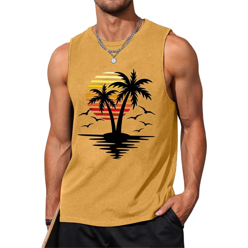 Sunset Palm Trees Pattern Men's Vest Street Casual Daily Trend 3d Printed Sleeveless T-shirt Summer Fashion Loose Beach Trave