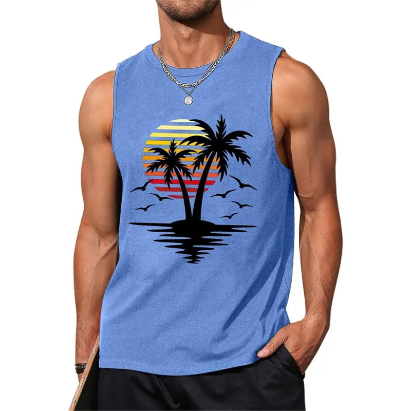 Sunset Palm Trees Pattern Men's Vest Street Casual Daily Trend 3d Printed Sleeveless T-shirt Summer Fashion Loose Beach Trave