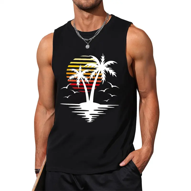 Sunset Palm Trees Pattern Men's Vest Street Casual Daily Trend 3d Printed Sleeveless T-shirt Summer Fashion Loose Beach Trave
