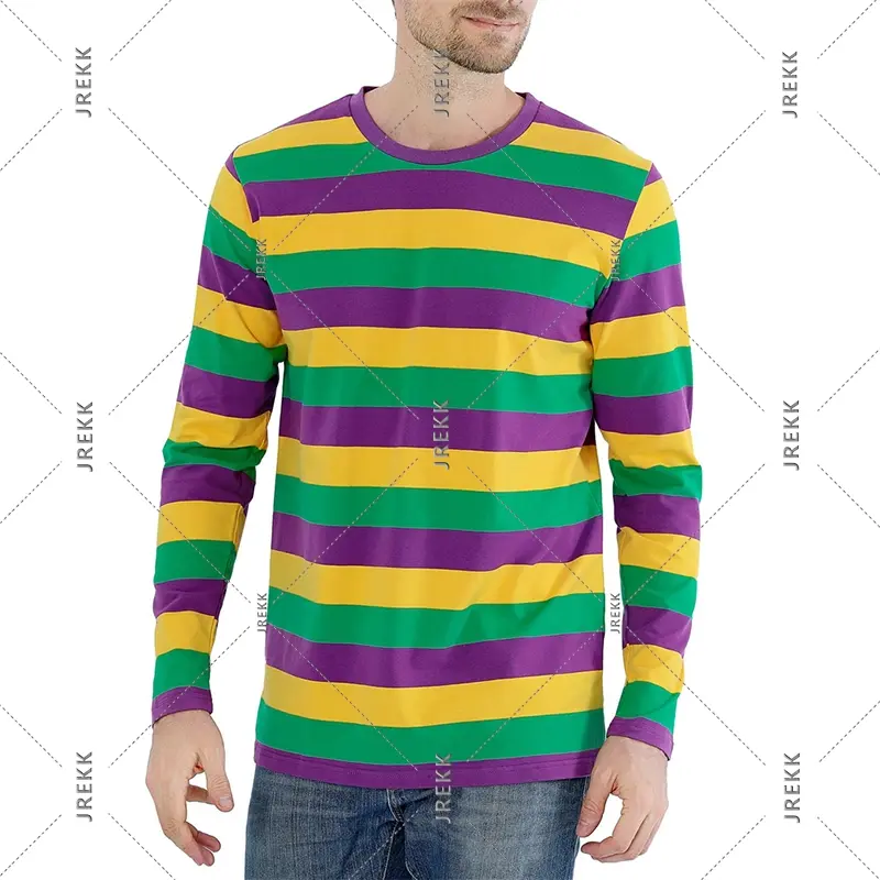 Contrast Color Stripe T-shirt Men's Clothing Colorful Stripes Classic Long Sleeve T Shirts Spring Street Fashion Casual Men Top