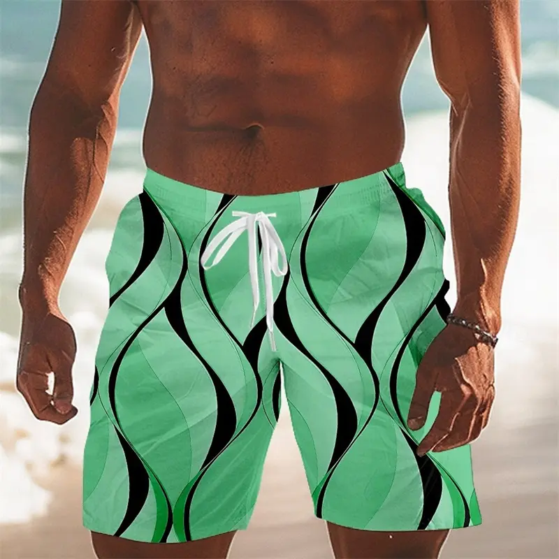 Wave Art Stripes Men's Beach Shorts Simple Leisure 3D Print Graphic Loose Drawstring Football Sport Summer Fashion Swim Trunks