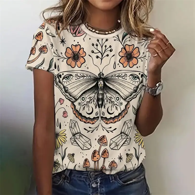 Romantic Retro 3D Print Butterfly Graphic Women T-shirt Round Neck Short Sleeve Tee Summer Funny Casual Insect Personality Shirt