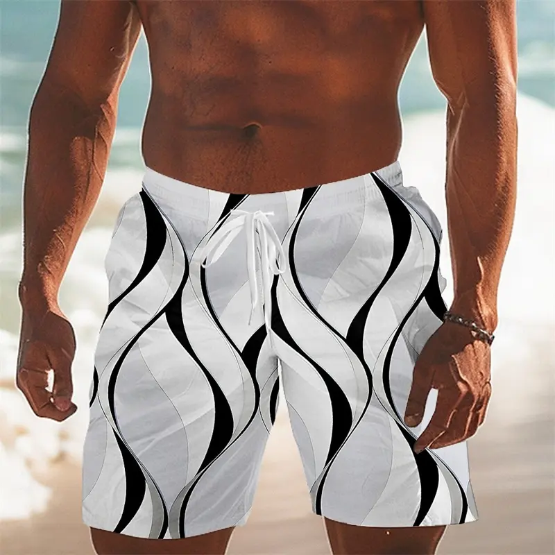 Wave Art Stripes Men's Beach Shorts Simple Leisure 3D Print Graphic Loose Drawstring Football Sport Summer Fashion Swim Trunks