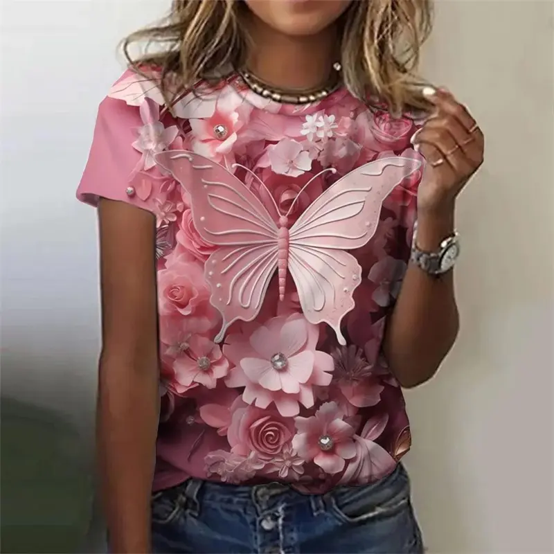 Romantic Retro 3D Print Butterfly Graphic Women T-shirt Round Neck Short Sleeve Tee Summer Funny Casual Insect Personality Shirt