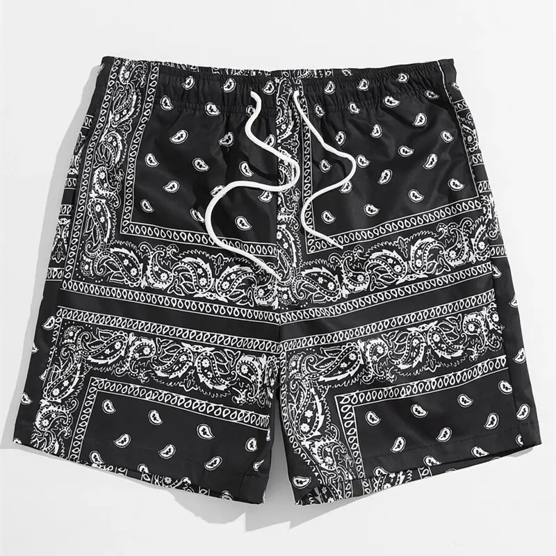 Classic Perris Pattern Beach Short For Men Retro Print Drawstring Board Shorts Sea Vacation Casual Fashion Hawaii Swim Trunks