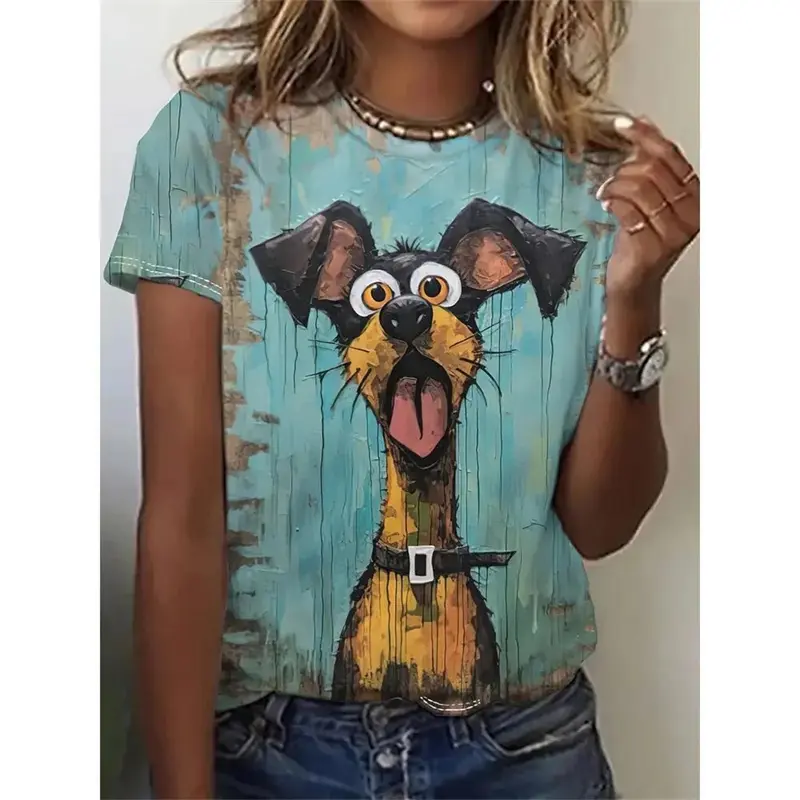 3d Print Funny Animal Graphic T-shirt For Women Cute Cat Painting Loose Short Sleeve T Shirts Summer Leisure Fashion Oversized