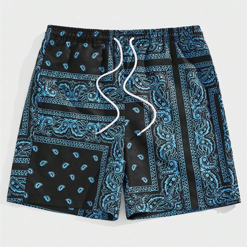 Classic Perris Pattern Beach Short For Men Retro Print Drawstring Board Shorts Sea Vacation Casual Fashion Hawaii Swim Trunks